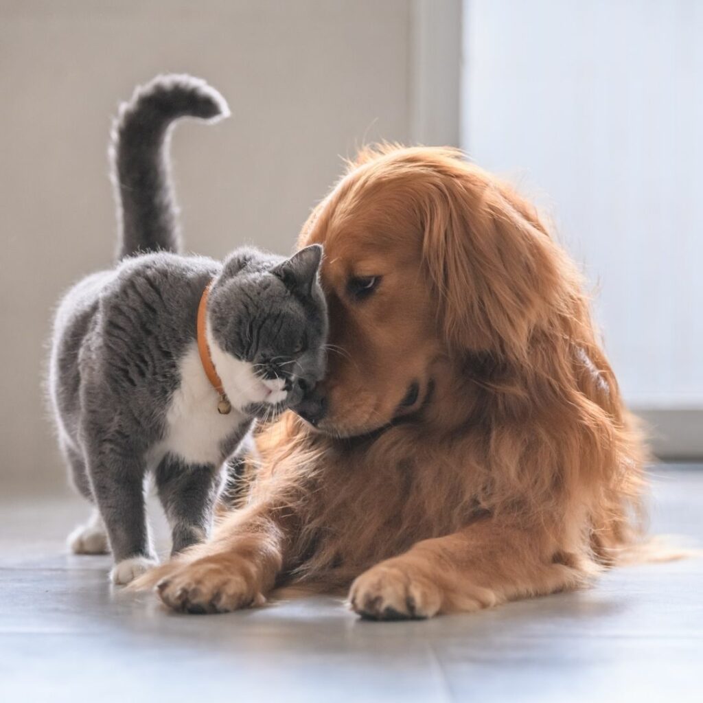 Eine Katze schmiegt ihren Kopf gegen die Schnauze eines Hundes. Beide sehe gesund aus.
